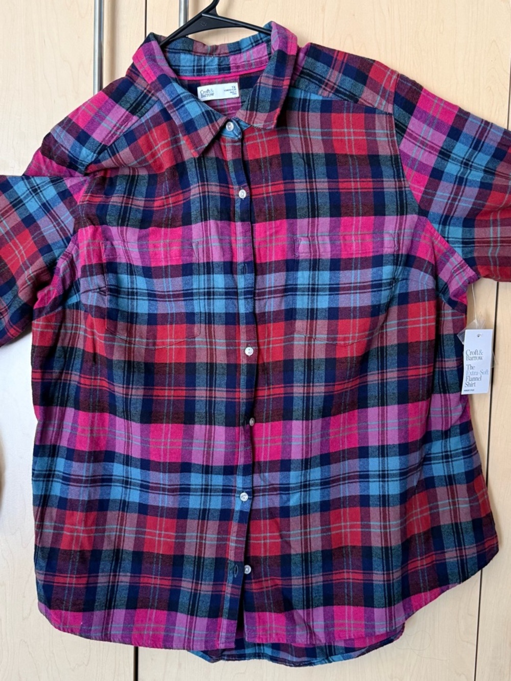 NWT CROFT & BARROW Pink, Red & Blue Plaid Flannel Shirt